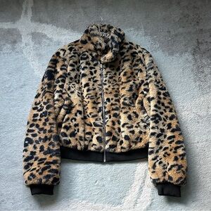 Plush Animal Print Faux Fur Bomber Jacket